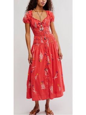 Free People Coral Red Floral Midi Dress NWT
